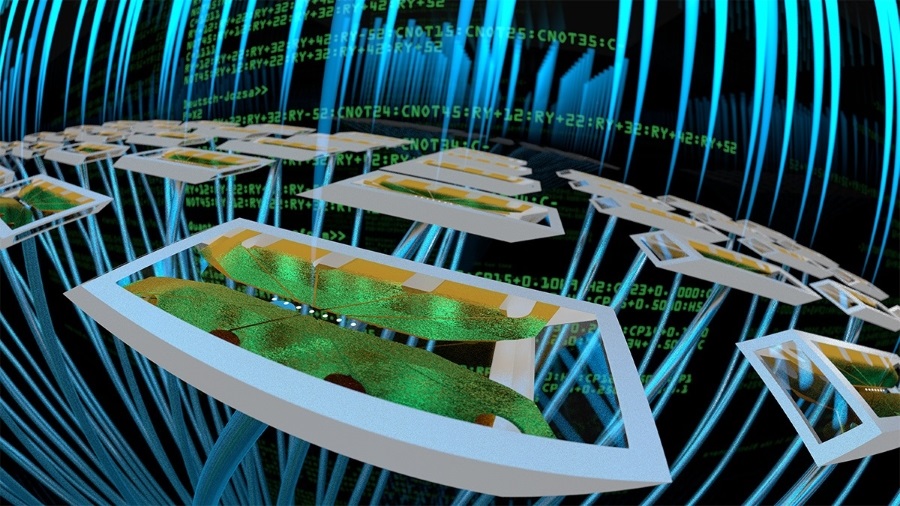 An artist's rendering of many linked trapped-ion modules