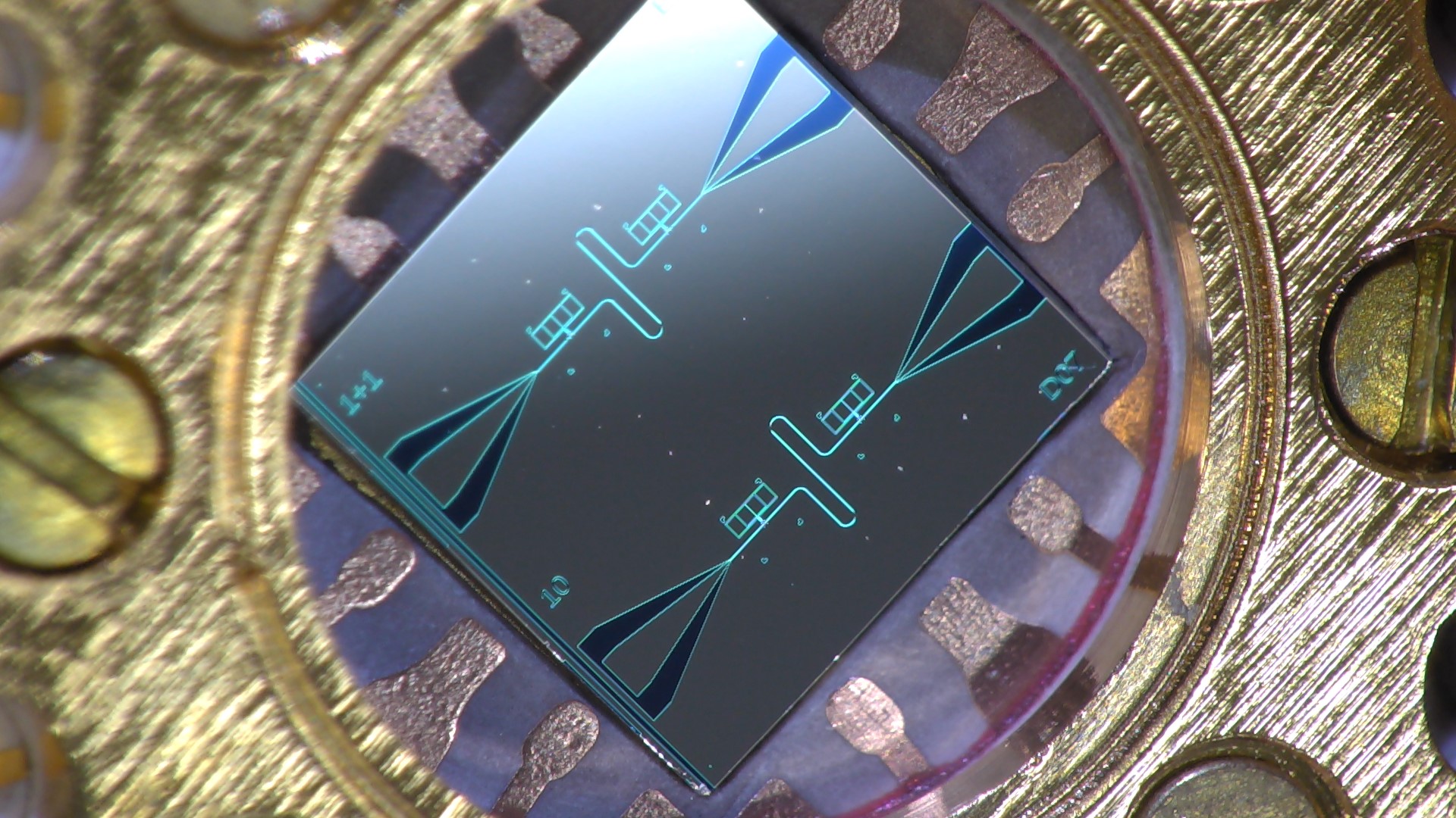 Photo of the centimeter-sized silicon chip, which has two parallel superconducting  oscillators and the quantum-circuit refrigerators connected to them