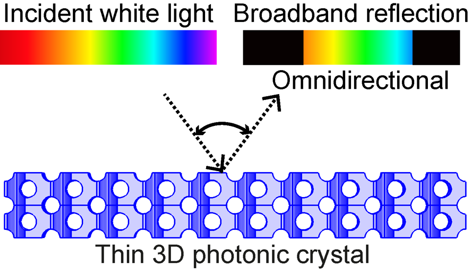A thin 3D photonic crystal with a diamond-like nanostructure is illuminated by white light from any incident direction