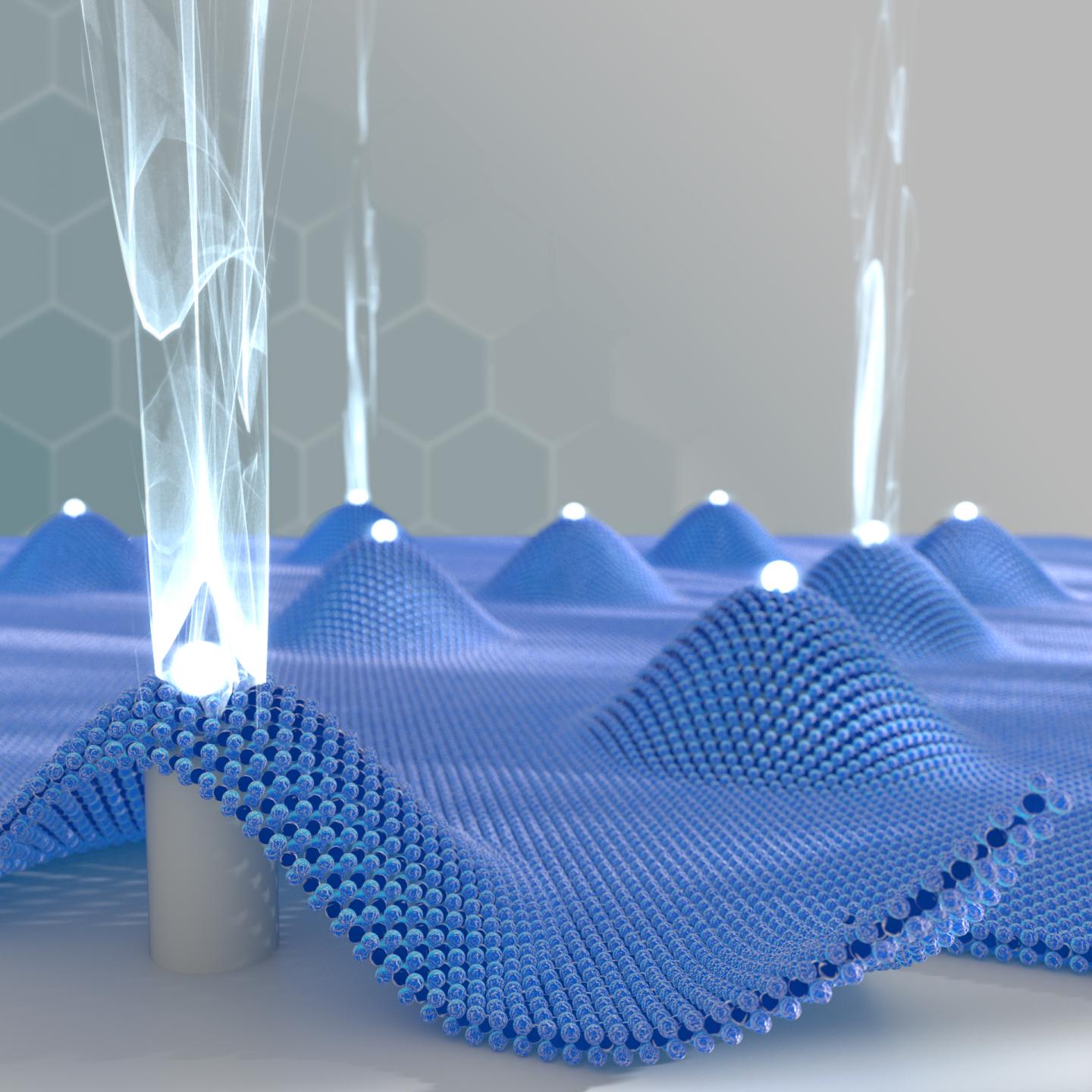 This is an artist's impression of single photons emitted from quantum dots in supported layered semiconductors