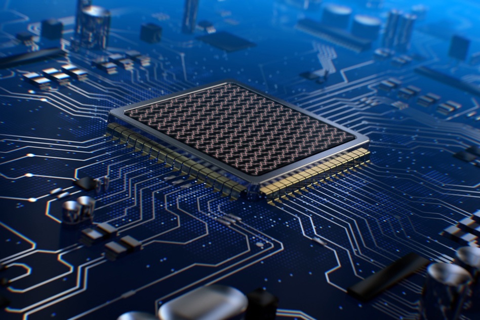 This futuristic drawing shows programmable nanophotonic processors integrated on a printed circuit board and carrying out deep learning computing