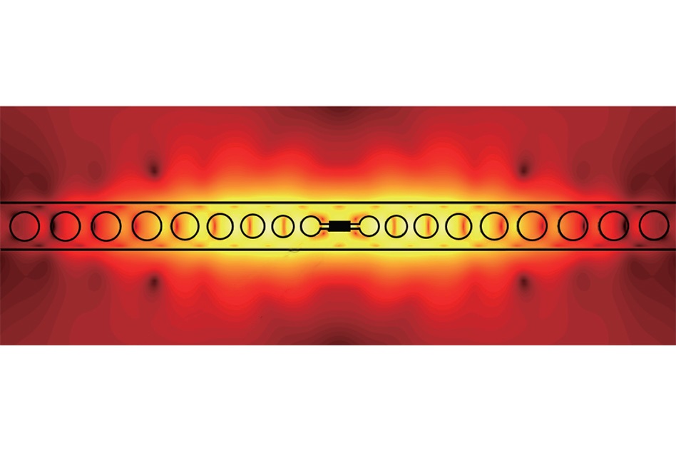 A micrograph of the MIT researchers’ new device, with a visualization of electrical-energy measurements and a schematic of the device layout superimposed on it