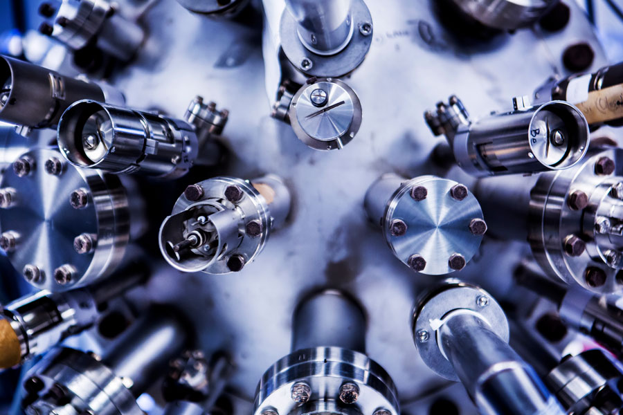 The main growth chamber of the molecular epitaxy beam apparatus in which members of MSE Professor Rachel Goodman's research group characterize various semiconductors in the Gerstacker Building on August 3, 2015