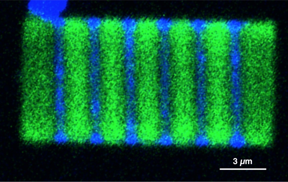 A 2-D plate showing alternating cesium lead chloride and cesium lead bromide segments