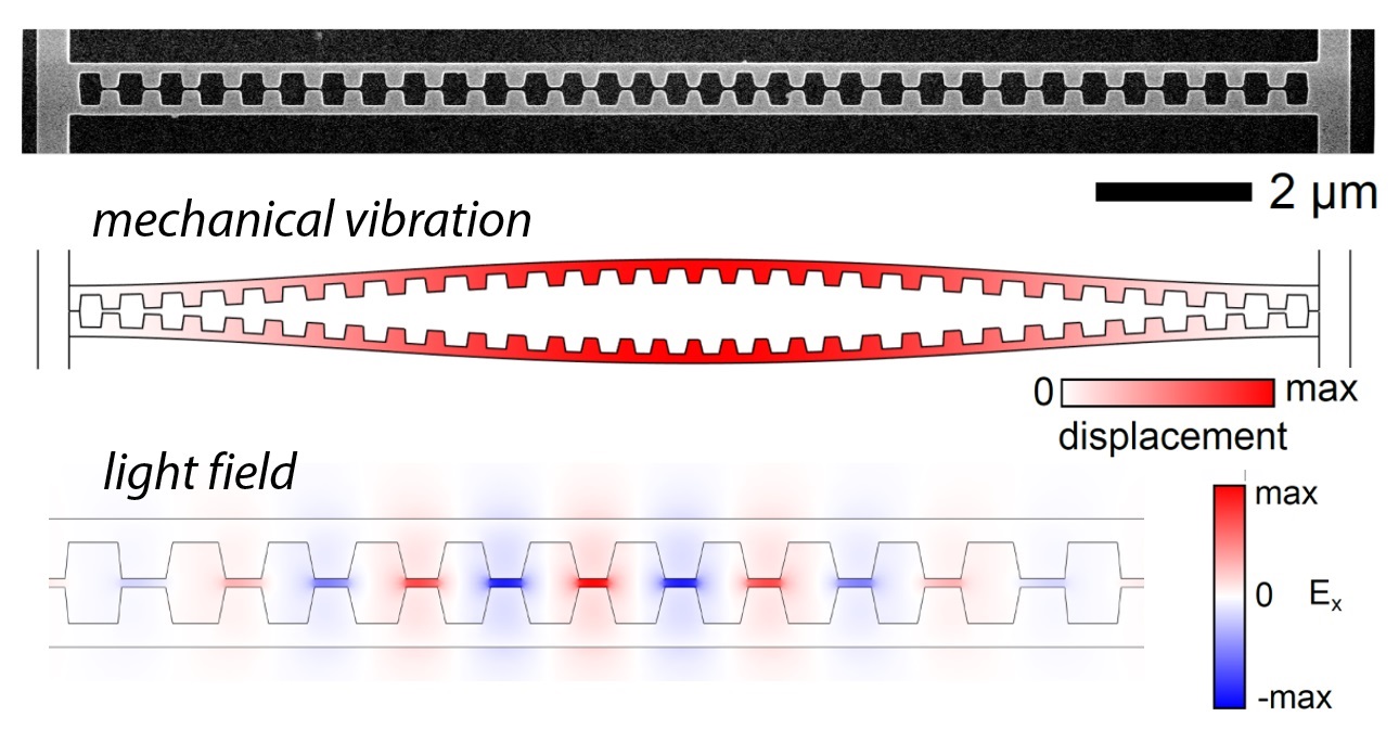 Electron microscope image of the silicon nanostrings in the shape of a sliced photonic crystal