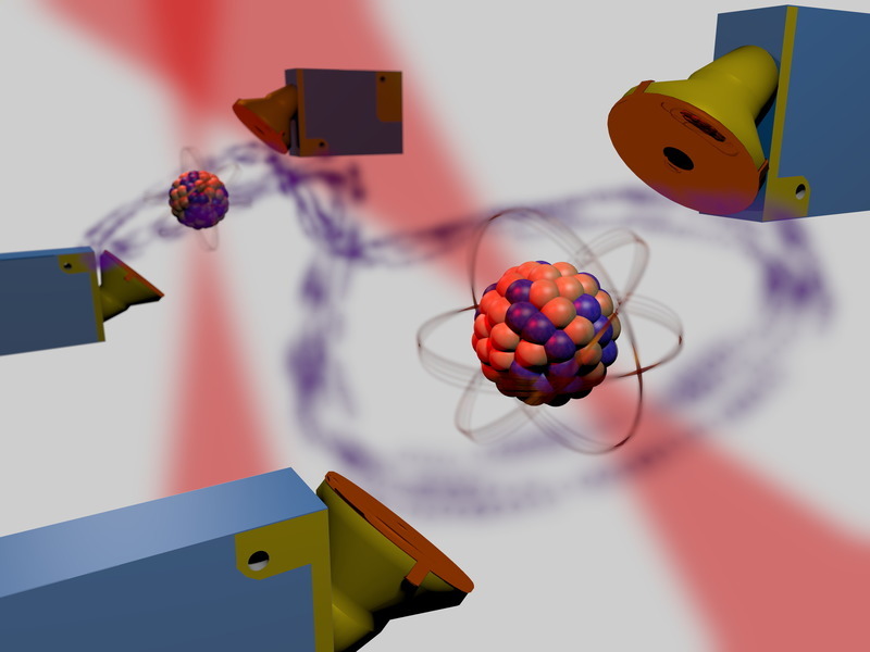 Artist’s view of the experiment in which two atoms are being entangled over a distance of 400 metres