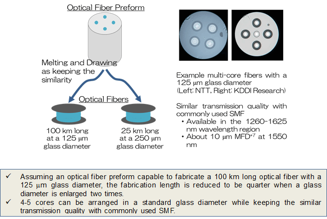 Schematic image of productivity reduction caused by a glass diameter enlargement, and example multi-core fibers with a standard glass diameter