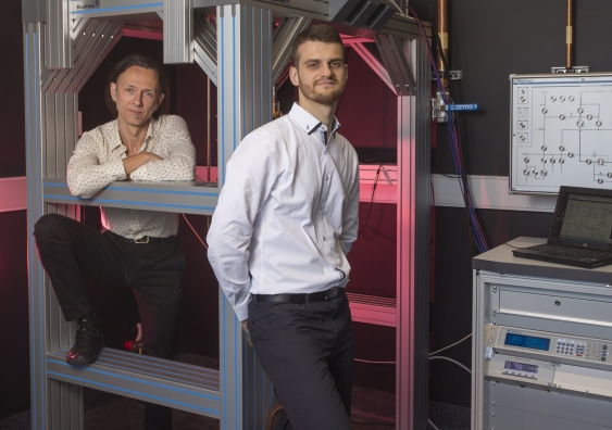 Professor Andrea Morello and Dr Guilherme Tosi at the UNSW quantum computing labs.