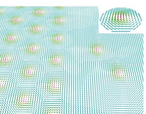 A schematic illustration of swirl-like structures formed by a liquid crystal.