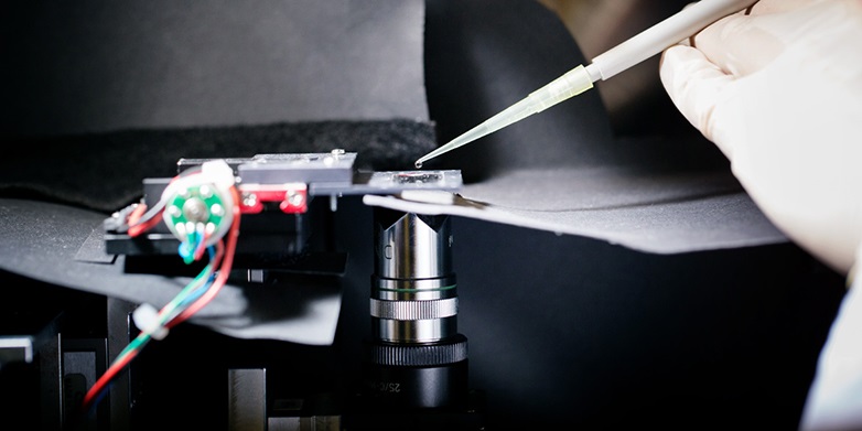 A researcher uses a pipette to put a sample on to a molography chip