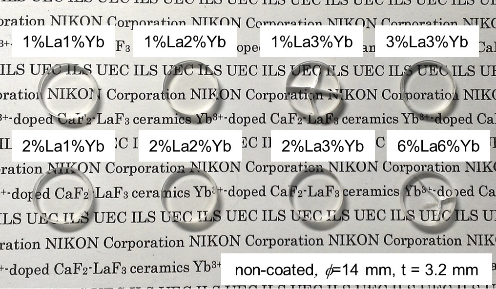 Yb:CaF2-LaF3 ceramic samples with different combinations of doping concentrations.