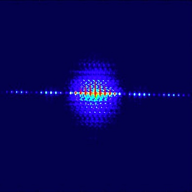 Diffraction image of a grating consisting of four slits, created using partially coherent light from the Free-Electron Laser Hamburg, as used in the experiment