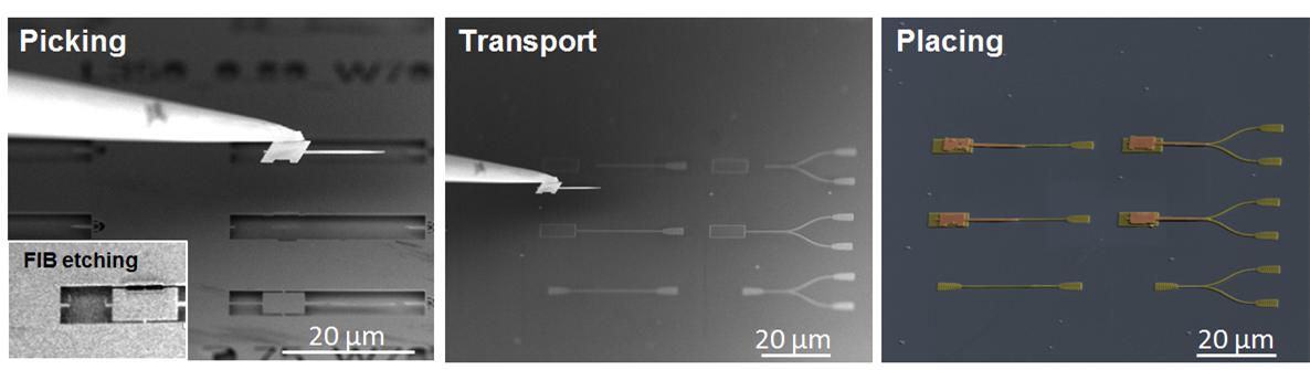 A scanning electron microscope image of the fabricated nanobeam that is suspended by thin tethers that attach it to the bulk substrate