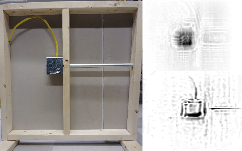 A view of a microwave scan of a typical wall interior before and after distortions have been removed