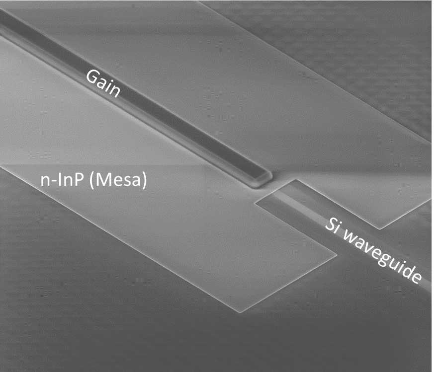 ​Tilted scanning electron microscopy view of the III-V/Si DFB laser after the IIIV patterning steps.