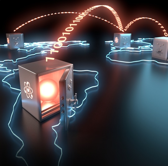 Artist’s view of global teleportation of quantum bits