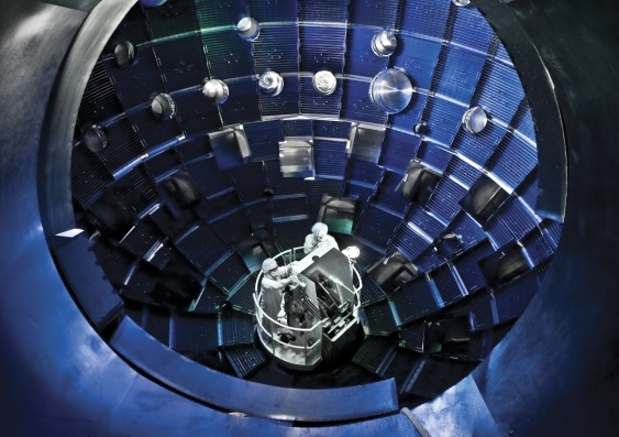 The central core of the large laser-based inertial confinement fusion research device of the National Ignition Facility in the USA.