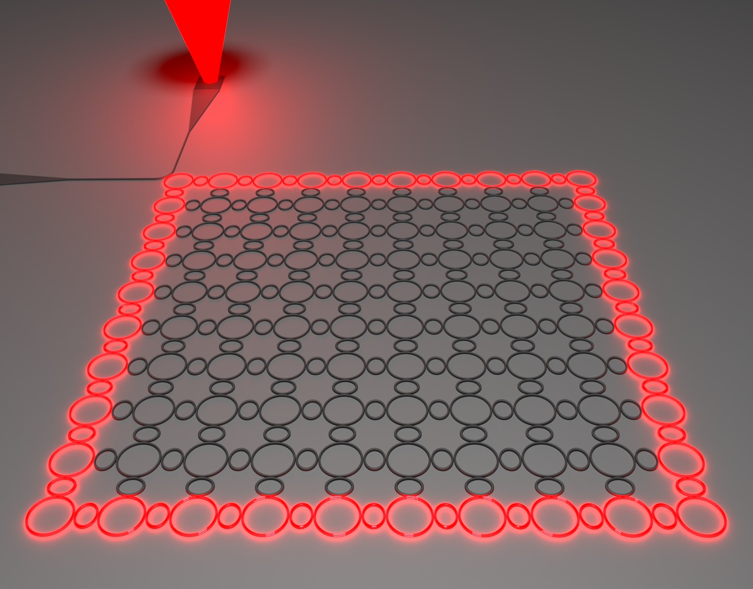 Illustration of the topological insulator laser: the light goes around the perimeter unobstructed by sharp corner or disorder, and eventually exits through the output port.