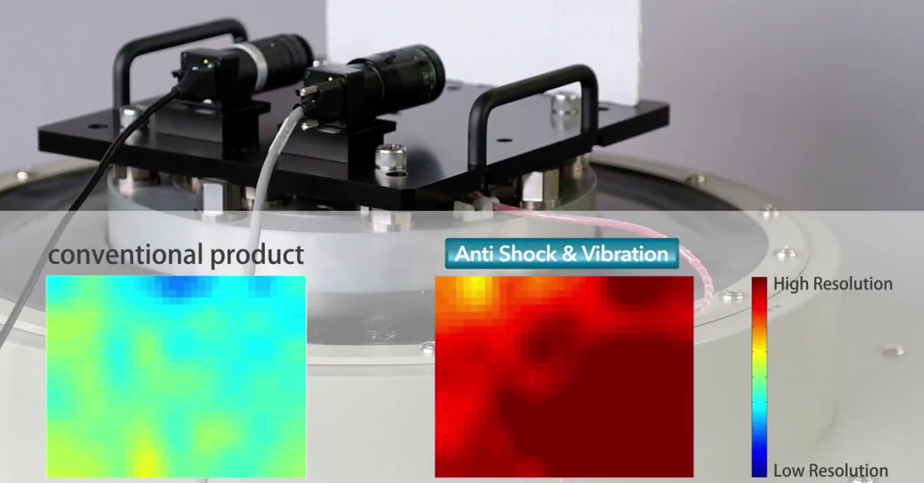 In the Fujinon test set-up, the lenses are tested for their robustness against shocks and vibrations, and are repeatedly exposed to shocks of up to 10 G and from 6 different directions perpendicular to the optical axis. 