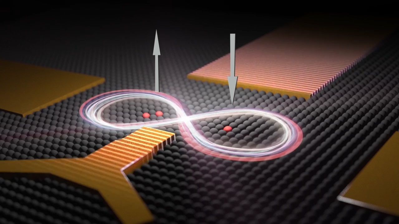 An artist's impression of two qubits - one made of two phosphorus atoms and one made of a single phosphorus atom - placed 16 nanometres apart in a silicon chip