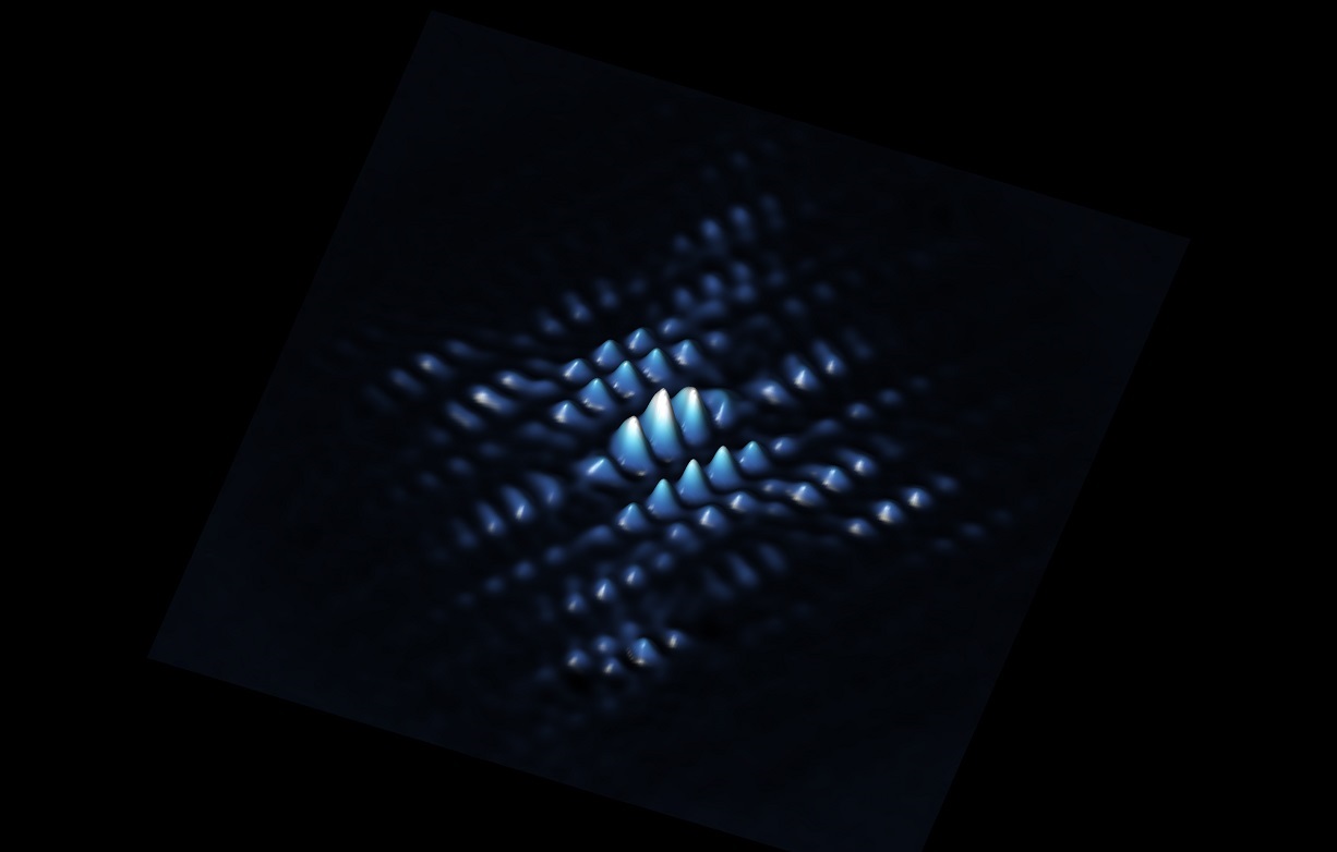 A scanning tunnelling microscope image showing the electron wave function of a qubit made from a phosphorus atom precisely positioned in silicon