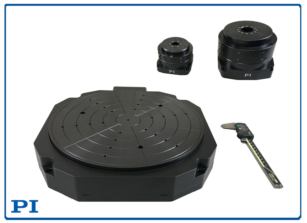 A-637 Low-Profile Rotary Air Bearing Stage with standard profile stages in the background for comparison