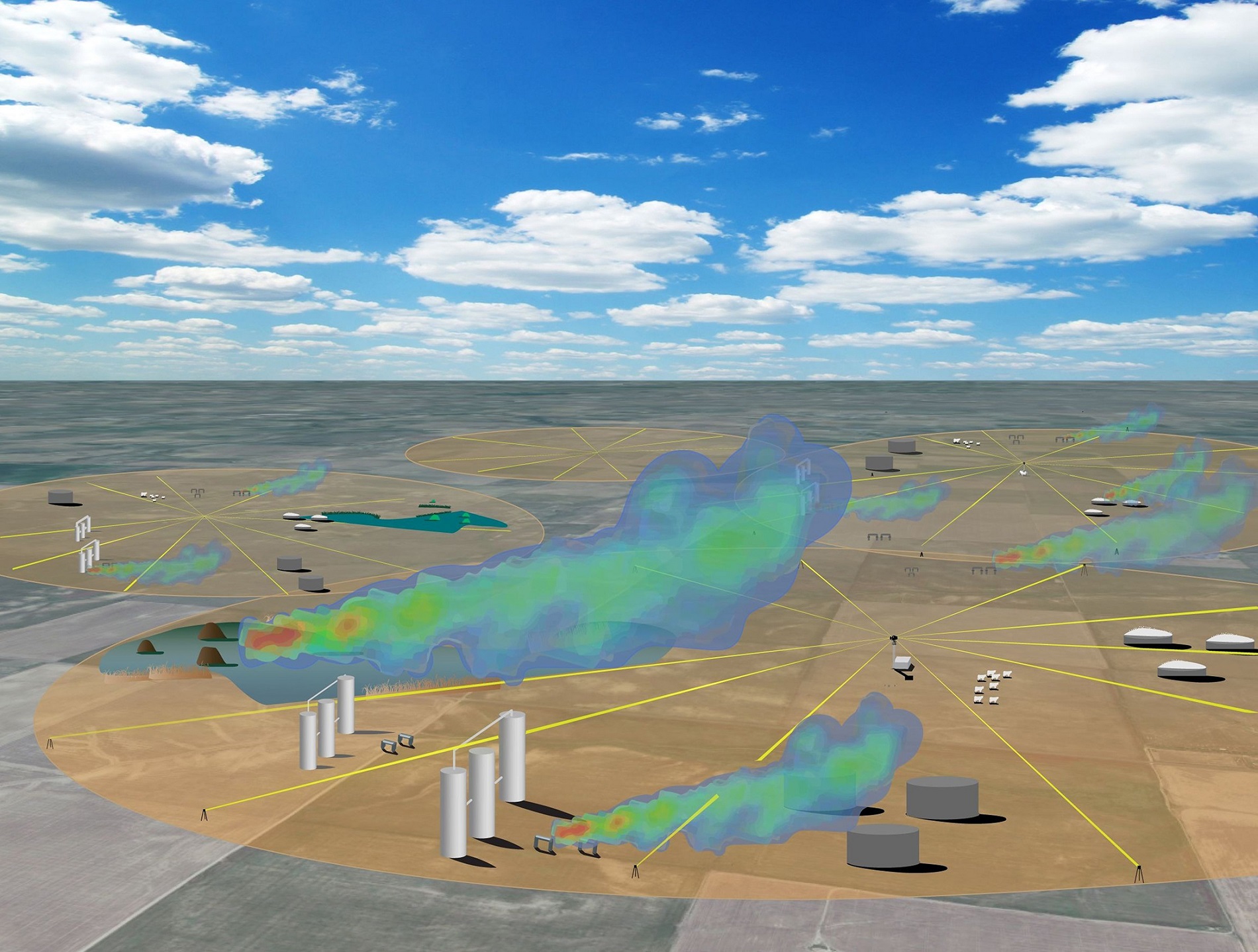 Illustration showing how trace gases are detected in the field using a mobile dual-frequency comb laser spectrometer