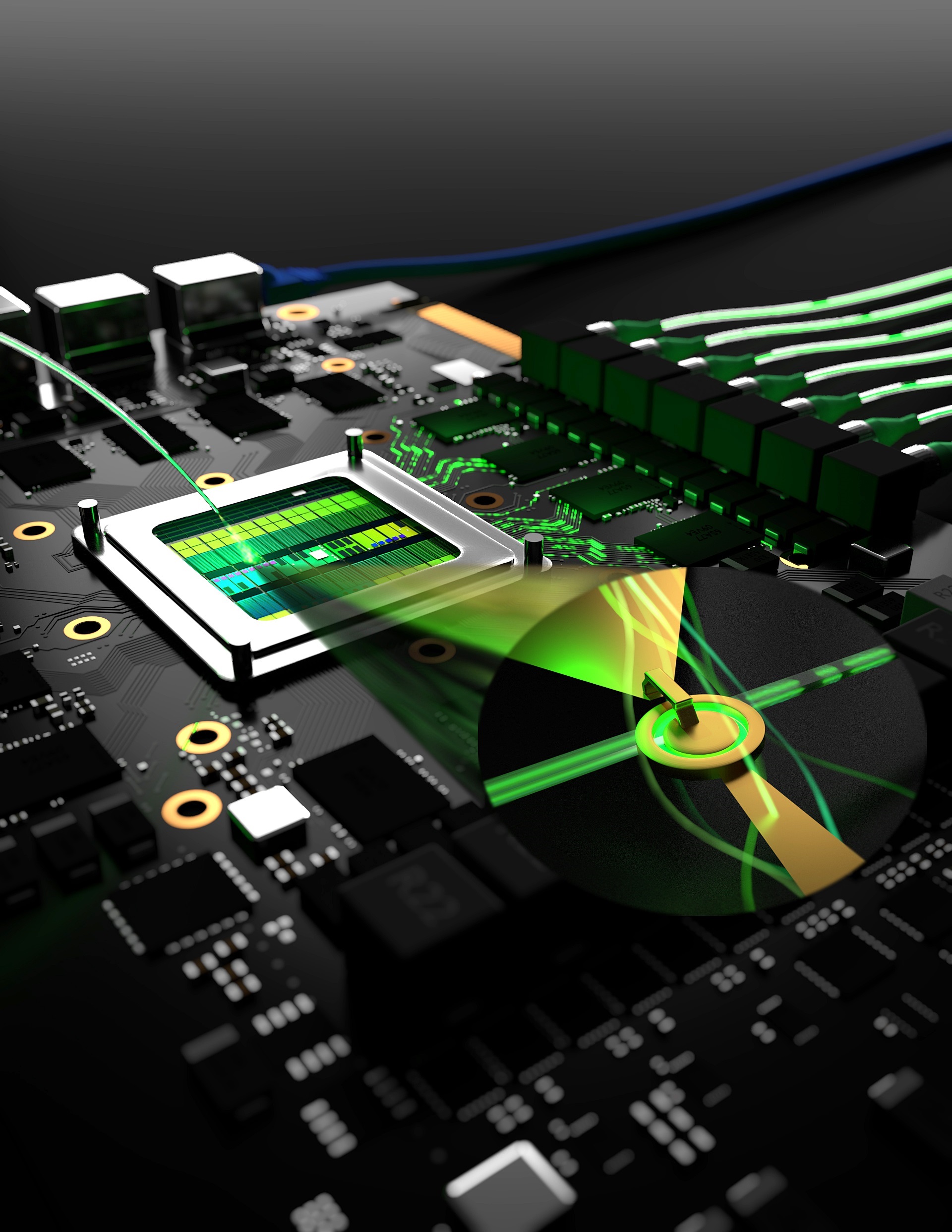 This artistic rendering magnifies a switch researchers have developed within a computer chip to control for loss of photons when light is reduced to a nanoscale