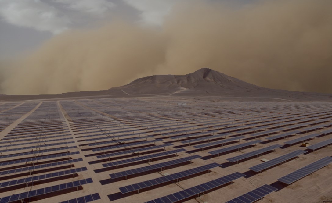 Solar panels in dry or desert regions quickly become contaminated in a dust storm.