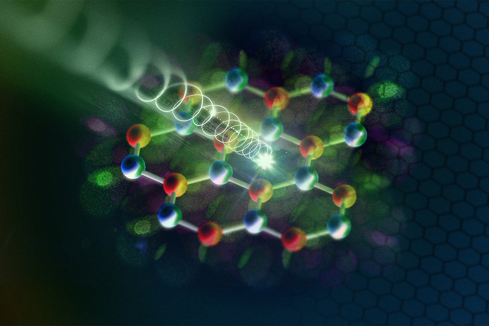 An artist’s rendering of a pulse of circularly polarized light hitting a 2-D semiconductor, putting the electrons into a pseudospin state that could store information as part of a new, faster computing technology