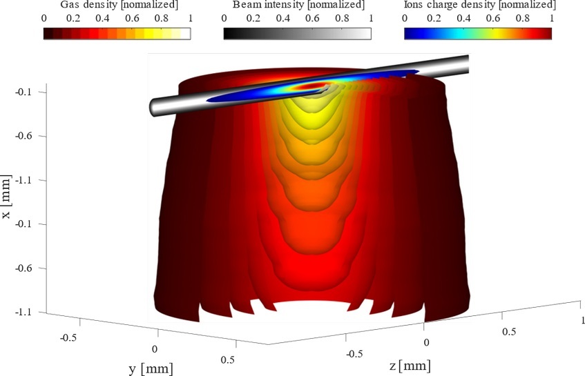 Ion charge density overlaid with the beam intensity distribution in the interaction volume, shown within the argon pulse gas jet