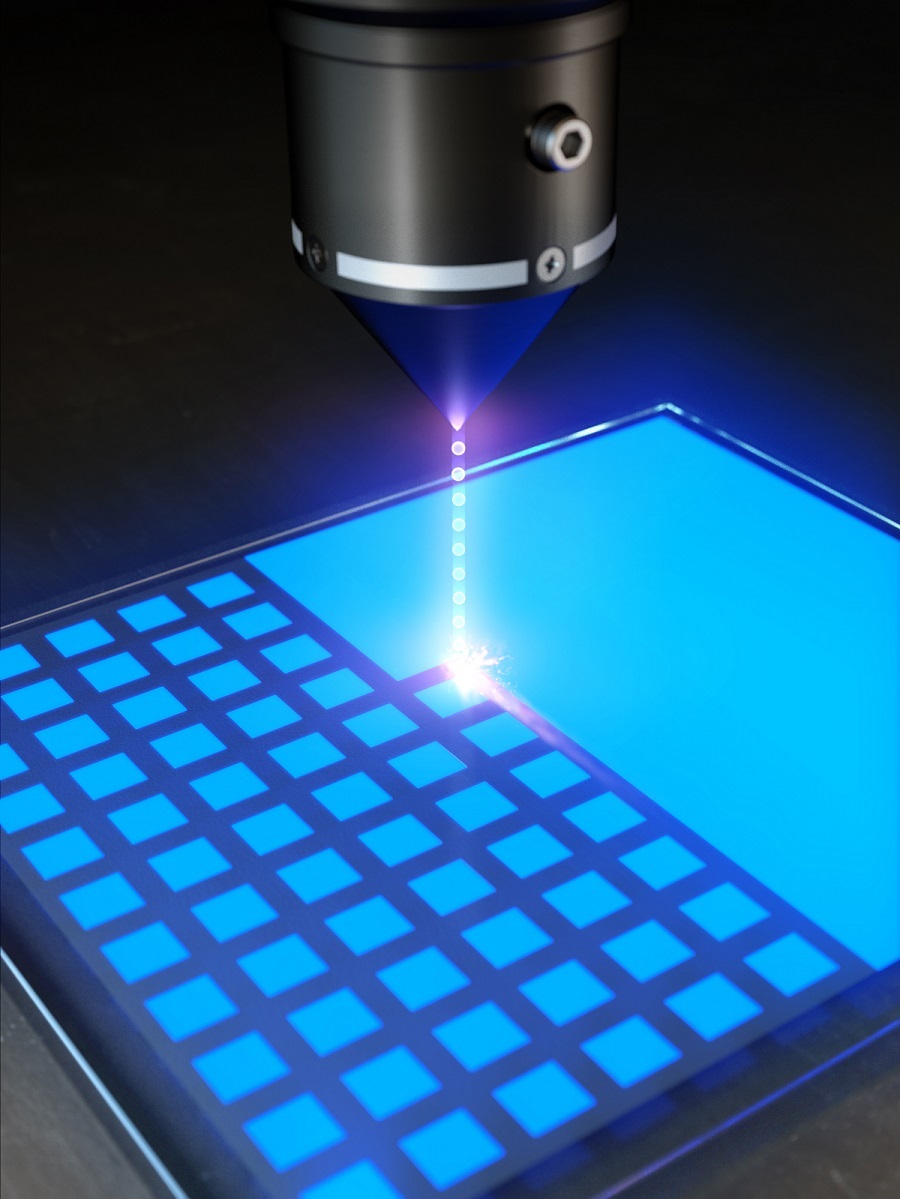 Schematic diagram of the technology for ultrahigh density sub-micron-sized pixels through He focused ion beam irradiation on an LED device