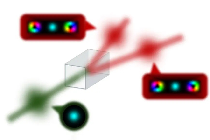 Schematic of a single photon with zero angular momentum splitting into two photons with either zero or opposite angular momenta, which adds up to zero confirming the fundamental angular momentum conservation law