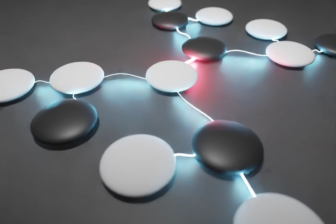 Quantum mechanical graph states are here visualised as GO stones for the qubits, which are entangled with each other via the illuminated fibres