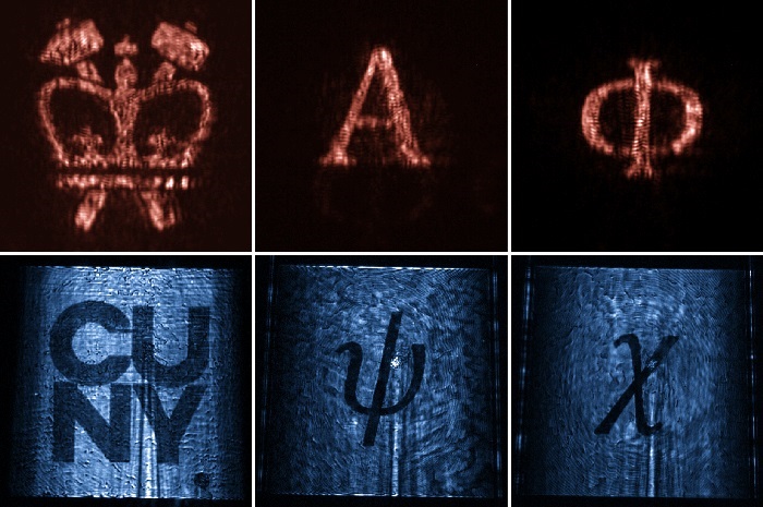 Left two figures: Two holographic images produced by a leaky-wave metasurface at two different distances from the device surface. Right four figures: Four distinct holographic images produced by a single leaky-wave metasurface at two different distances from the device surface and at two orthogonal polarization states