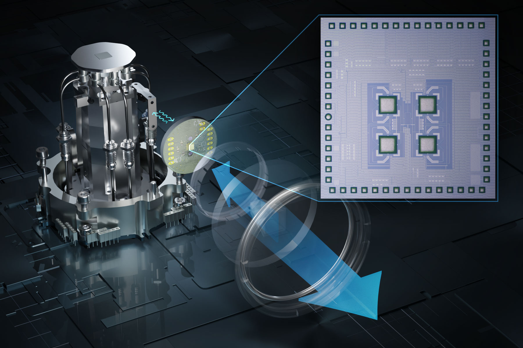 This image shows a transceiver chip the researchers developed that is placed inside a complex refrigerator that houses a quantum computer