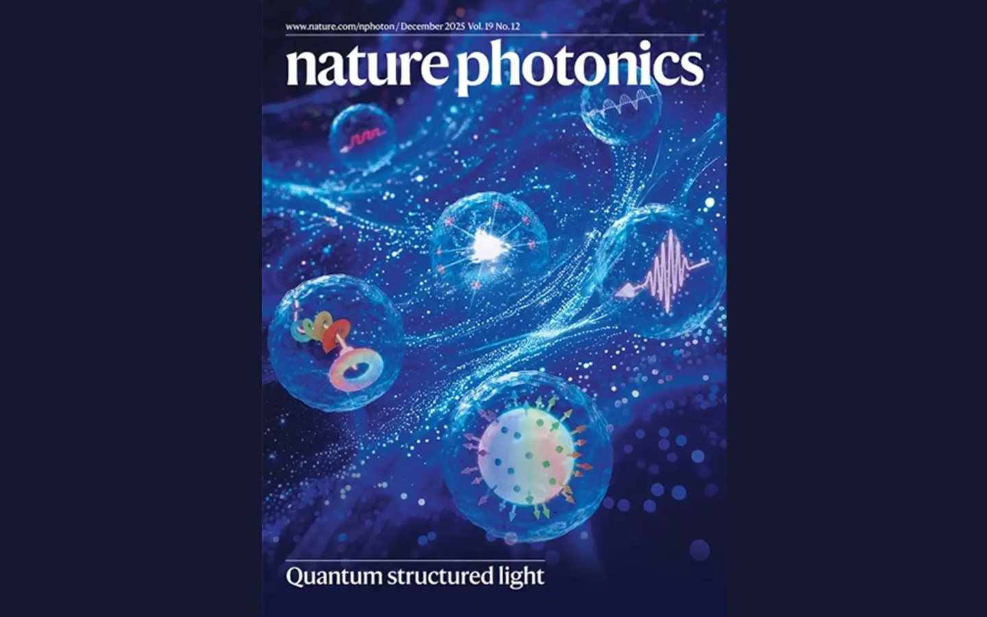 Cover from Nature Photonics, depicting an abstract illustration of quantum structured light.
