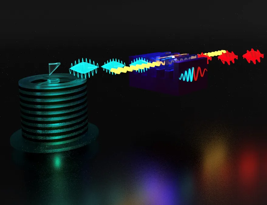 Quantum dot photons are converted to telecom wavelength for quantum communication. Image courtesy of Joseph Ho.