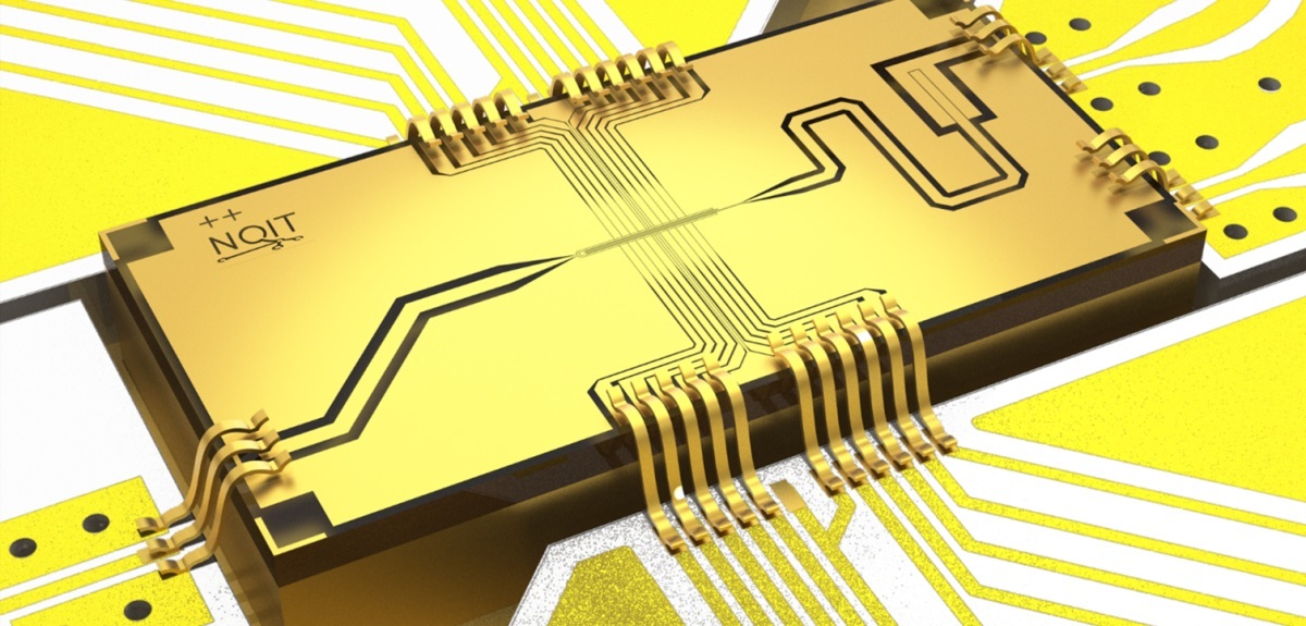 A rendering of the Oxford University team’s ion trap chip. Credit: Dr Jochen Wolf and Dr Tom Harty.