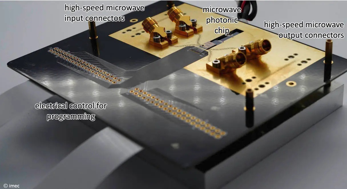Packaged microwave photonic chip, with two high-speed inputs and two outputs, and control wires for programming the filter response and the input-output connections. The fiber array has not yet been connected in this picture. class=