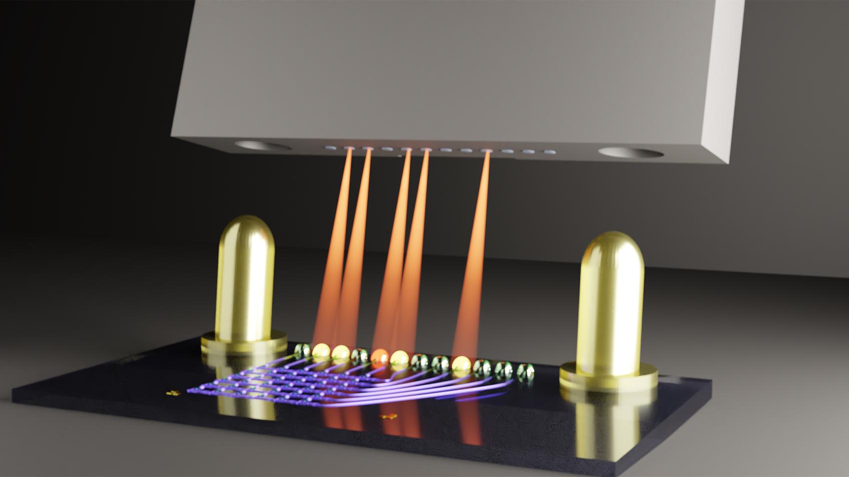 Illustration of a photonic chip connected to an array of glass fibers using 3D printed couplers