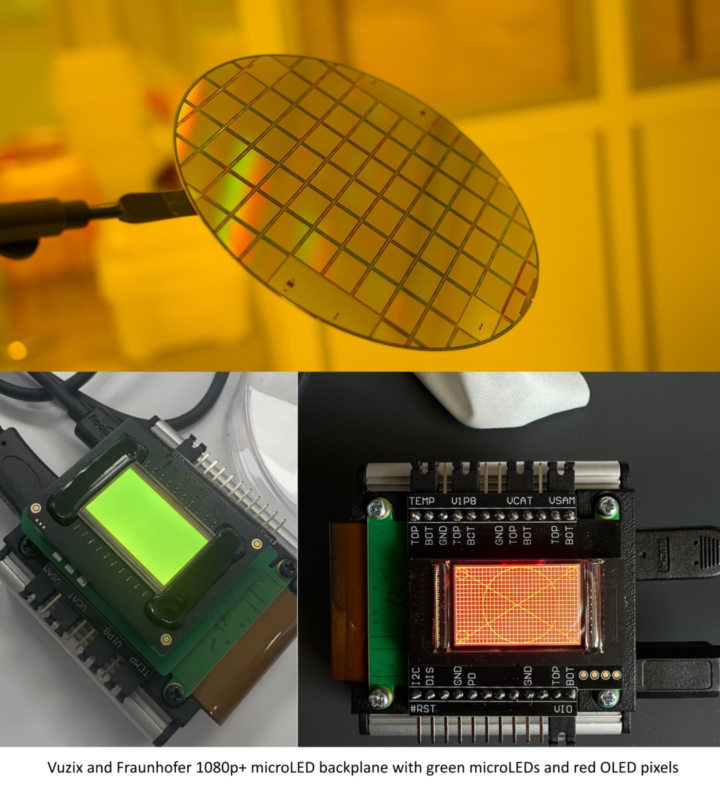 Vuzix and Fraunhofer IPMS 1080p+ microLED backplane with green microLEDs and red OLED pixels class=